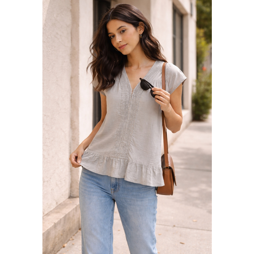 Andersen & Lauth Anthro S Gray Cotton Silk Pintuck Blouse Boho Peplum Flowy Top
